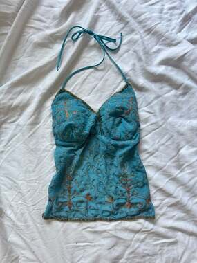 Seduction Vintage Y2K Aqua and Gold Embroidered Beaded Halter Top